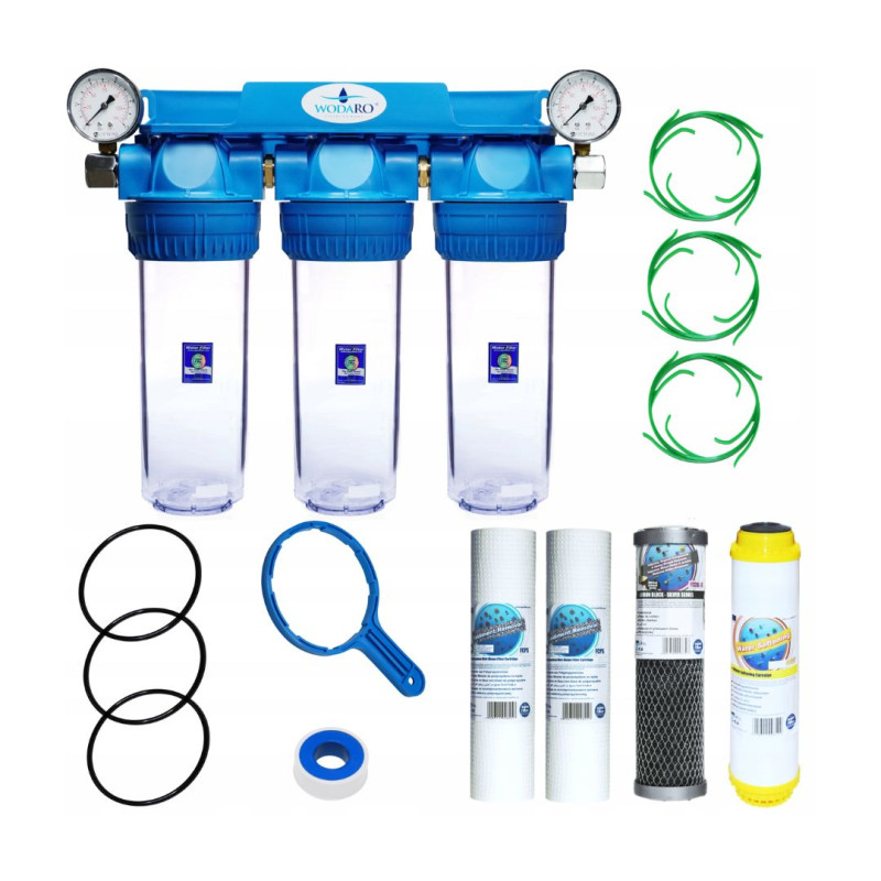 Фільтр води попередній 3/4" на весь будинок 3-ступеневий пом'якшувач + картриджі
