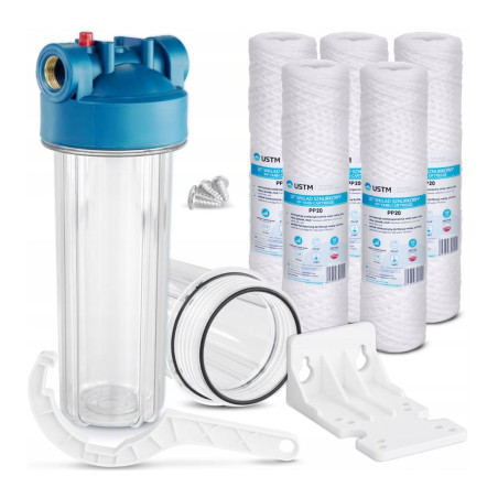 Whole House Inline Water Filter 1" + 5x PP20 USTM String Filter Cartridge