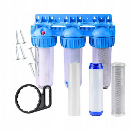 3-STAGE Inline Water Filter 1" with 10" Cartridges + Wrench + Flow Bracket