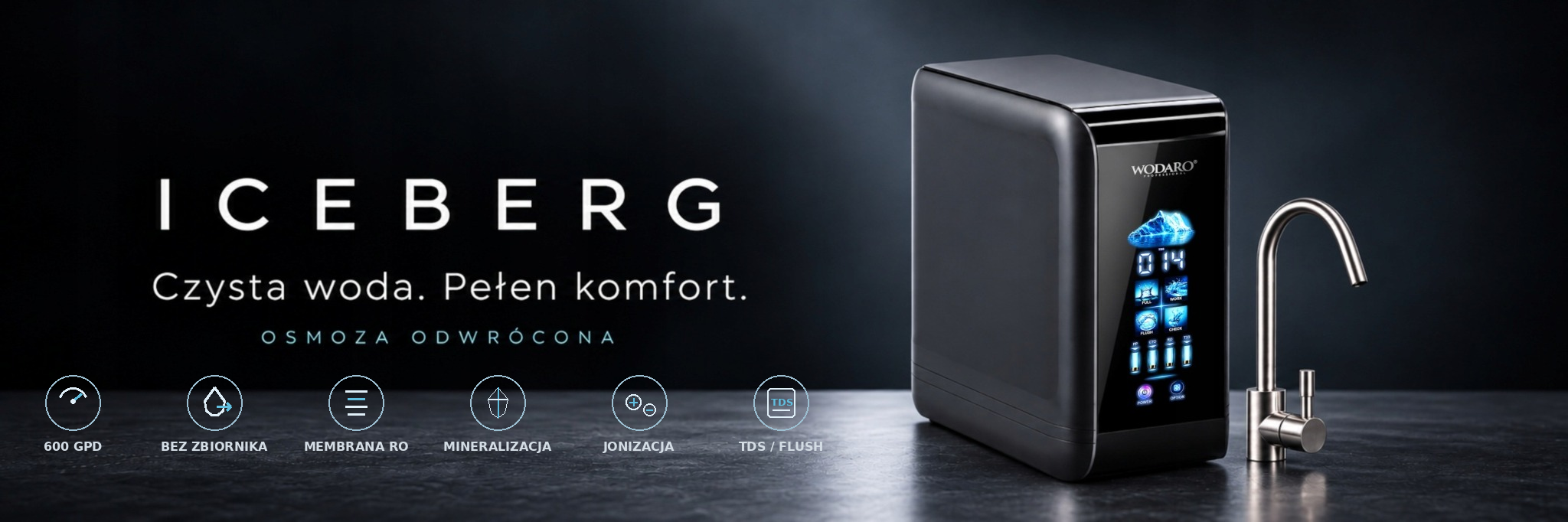 WODARO ICEBERG baner system odwróconej osmozy RO 600 GPD z mineralizatorem i jonizatorem